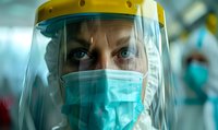 Healthcare worker wearing protective face shield and surgical mask in hospital setting, intense close-up view showing determined eyes during pandemic response.