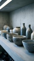 Handcrafted ceramic bowls and bottles with textured glazes displayed on concrete shelf in minimalist studio setting, suitable for home decor, pottery business, and artisan product photography.