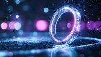 Glowing neon ring portal with sparkles and bokeh effects on dark background with blue and purple lights creates magical atmosphere for fantasy designs.