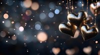 Golden heart ornaments hanging with bokeh lights and sparkles on dark background, perfect for Valentine's Day, wedding, and love-themed designs.