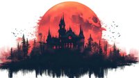 Dark gothic castle silhouette against massive red moon, mysterious forest reflection in water, atmospheric horror landscape in black and red tones.