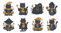 All Saints' Day black cats with golden accents, isolated on white background. Cute cartoon felines wearing festive scarves and halos, perfect for holiday greeting cards, seasonal designs, and All Saints' Day celebrations.