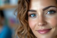 Close up portrait of young woman with bright blue eyes, natural makeup, and curly blonde hair smiling warmly at camera against blurred background.