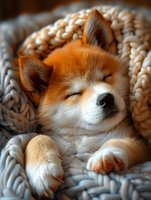 Sleeping red fox puppy wrapped in cozy knitted blanket showing peaceful expression and paws, soft focus portrait for pet care and lifestyle content.