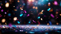 Colorful glowing particles and bokeh lights floating above reflective surface, creating vibrant abstract background with neon glow effects for digital design projects.