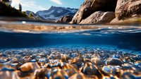 Split view of mountain lake showing underwater pebbles and rocks with snowy peaks in background, crystal clear water creates natural split perspective.