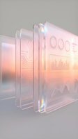 Stacked translucent glass panels displaying financial data, circuit patterns, and bar charts with soft pink and orange gradient lighting, suitable for business and technology concepts.