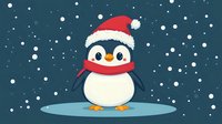 Cute baby penguin wearing Santa hat and red scarf standing on ice while snow falls in winter night sky, cartoon character on dark blue background.