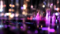 Vibrant pink and purple audio waveform visualization with glowing bokeh lights and reflective surface creates dynamic music background for entertainment and party designs.