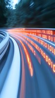 Abstract digital tunnel with glowing orange binary code streams flowing through curved white structures against dark background, representing data transfer.