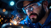 Middle Eastern male welder in protective glasses working with metal sparks at night, illuminated by blue moonlight and orange welding flashes, close-up portrait.