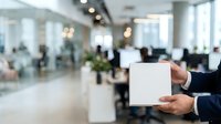 Businessman in dark suit holding blank white card in modern office environment with blurred colleagues and glass partitions in background.