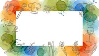 Colorful watercolor frame with hand-drawn food and drink icons including coffee cups, wine glasses, fruits and kitchen utensils on white background.