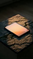 Smartphone displaying sunset gradient screen placed on textured stone surface with warm golden lighting, suitable for tech product mockups and digital device presentations.