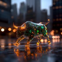Glowing digital bull sculpture with circuit patterns against blurred city skyline at dusk, reflecting on wet surface amid bokeh lights. For finance concepts.
