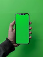 Male hand holding modern smartphone with green screen mockup against green background. For app and website presentation designs.