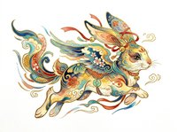 Ornate rabbit with flowing decorative patterns and vibrant colors isolated on transparent background, ready for t-shirt design, clipart, stickers, sublimation, and print-on-demand products.