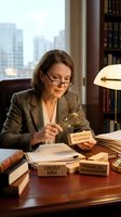 Professional middle-aged Caucasian businesswoman examining insurance planning documents with magnifying glass in corporate office setting.