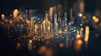 Glowing vertical light pillars create futuristic cityscape with golden bokeh effect against dark background, abstract digital network visualization.