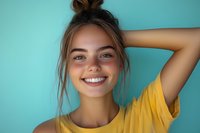 Young Caucasian woman with messy bun hairstyle wearing yellow t-shirt smiling genuinely against turquoise background showing happiness and positive emotions.