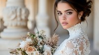 Young brunette bride in elegant white lace wedding dress with high collar holding romantic bouquet of roses and greenery in luxurious interior setting.