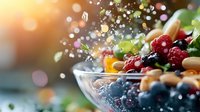 Fresh mixed berries and nuts in glass bowl with water splashes and sunlight bokeh effect, healthy organic food styling for restaurant menu.