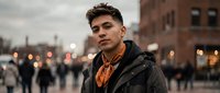 Young Hispanic man in stylish winter jacket and orange scarf standing confidently in urban plaza during evening hours with blurred city lights background.