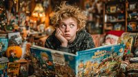 Young blonde woman reading colorful comic book in cozy vintage room filled with collectibles and warm lighting for entertainment and leisure concepts.
