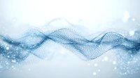 Flowing digital wave made of blue particles and dots creates dynamic motion effect against white background, suitable for technology and data visualization designs.