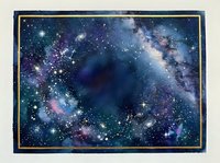 Cosmic space background with stars, nebula and galaxy in deep blue and purple colors with golden frame border for astronomy designs.