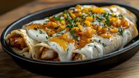 Mexican enchiladas with white sauce, melted cheese and fresh herbs in cast iron skillet on wooden table for authentic cuisine and restaurant menu.