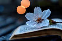 Delicate white cherry blossom with water droplets resting on open book pages creates serene reading atmosphere with warm bokeh lights in background.