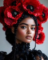 Young woman with braided hair wearing dramatic red poppy flower crown and black lace dress against neutral background, fashion portrait with artistic makeup.