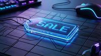 Glowing neon sale tag on dark tech surface with circuit lines and gaming mouse, cyber discount concept for digital retail promotions.