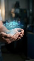 Male professional holding glowing holographic cityscape and circuit board technology in open palm, representing smart city development, digital innovation, and future urban planning solutions.