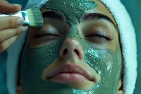Close up of face with green clay mask being applied with brush during spa treatment. Relaxing skincare and beauty procedure for healthy glowing skin.
