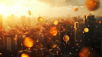 Cryptocurrency coins floating over urban cityscape at golden sunset with bokeh effects and lens flares, modern financial technology concept.