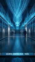 Modern data center corridor with server racks and digital network visualization, featuring two businessmen walking through futuristic facility with glowing blue light patterns overhead for technology and innovation concepts.