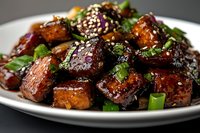 Glazed pork belly chunks with sesame seeds and green onions on white plate, close up view of Asian cuisine with sweet and savory sauce garnished with herbs.