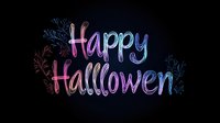Happy Halloween neon sign with colorful glowing text and spooky decorative elements on dark background for party invitations and seasonal celebrations.