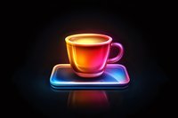 Glowing neon coffee cup with saucer on dark background, vibrant gradient colors from warm yellow to pink and blue create modern minimalist design.