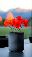 Vibrant red and orange flowers in modern black ceramic pot against blurred mountain backdrop, creating serene atmosphere for home decor and interior styling.