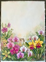 Watercolor orchid garden border with pink, yellow, and white blooms on textured paper, copy space for greeting cards and invitations.