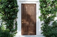 Elegant carved wooden door with ornate floral panels framed by lush green ivy climbing white walls, creating charming entrance to residential home.