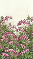 Watercolor bleeding heart flowers in soft pink bloom among lush green foliage, botanical art with vintage style for prints and cards.