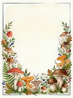Watercolor mushroom border frame with forest plants, ferns, berries and autumn leaves, copy space for text, greeting card or invitation design.
