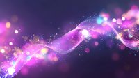 Magical glowing wave with sparkling particles and bokeh lights in purple and pink colors against dark background creates dreamy atmosphere.