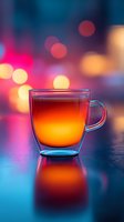 Glass cup with orange tea or herbal drink on reflective surface against blurred bokeh lights in pink and blue tones creating magical evening atmosphere.