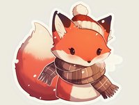 Cute red fox wearing winter knit scarf and pom pom beanie in kawaii anime style illustration on light background, cozy winter character design for greeting cards.