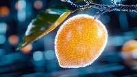 Frozen orange covered in morning frost crystals on tree branch against blurred bokeh background, dramatic winter nature macro photography.